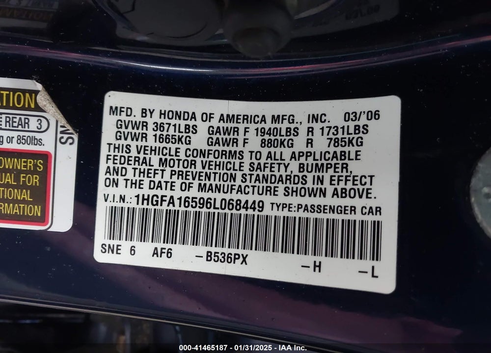 2006 HONDA CIVIC VIN: 1HGFA16596L068449