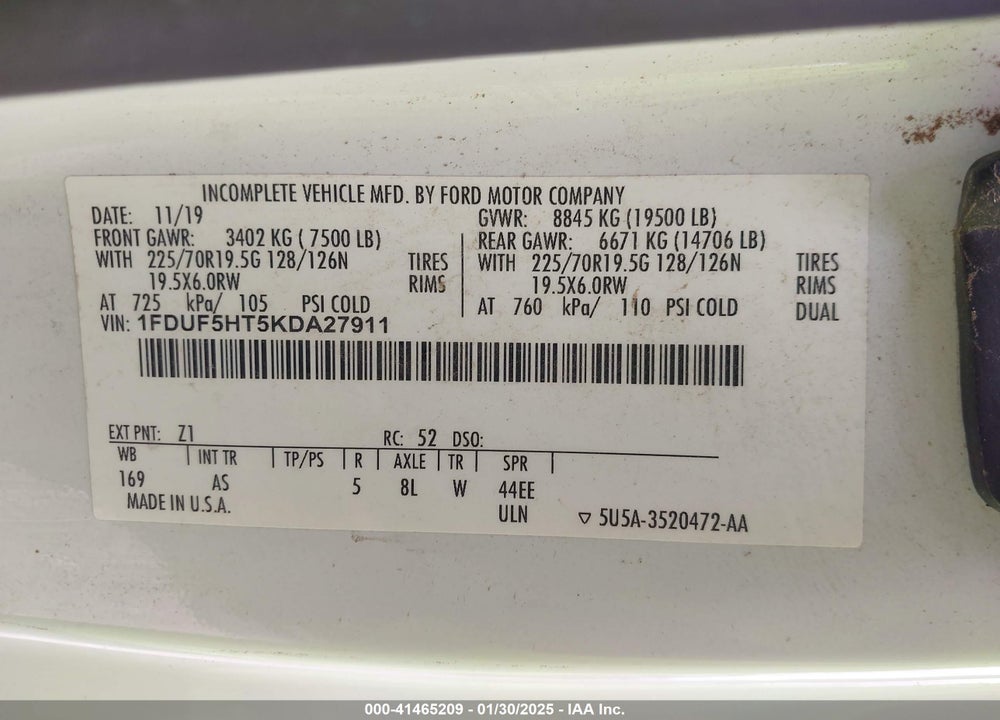 2019 FORD F-550 CHASSIS XL VIN: 1FDUF5HT5KDA27911
