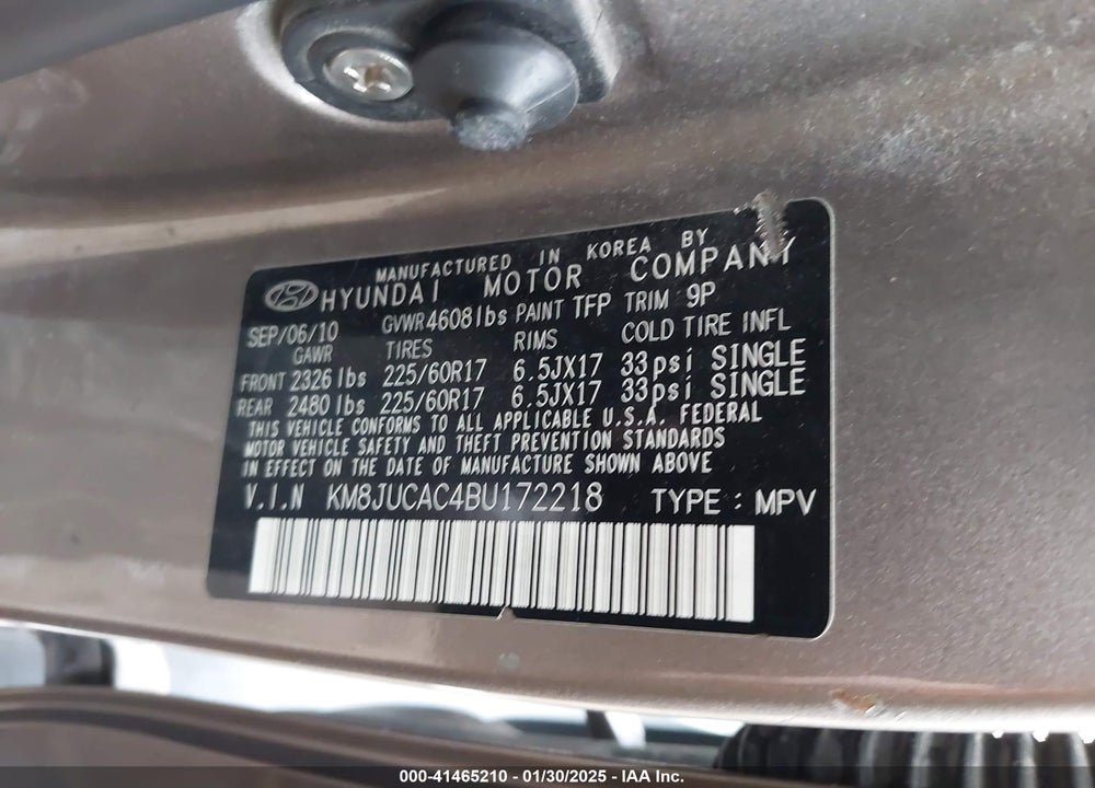2011 HYUNDAI TUCSON GLS VIN: KM8JUCAC4BU172218