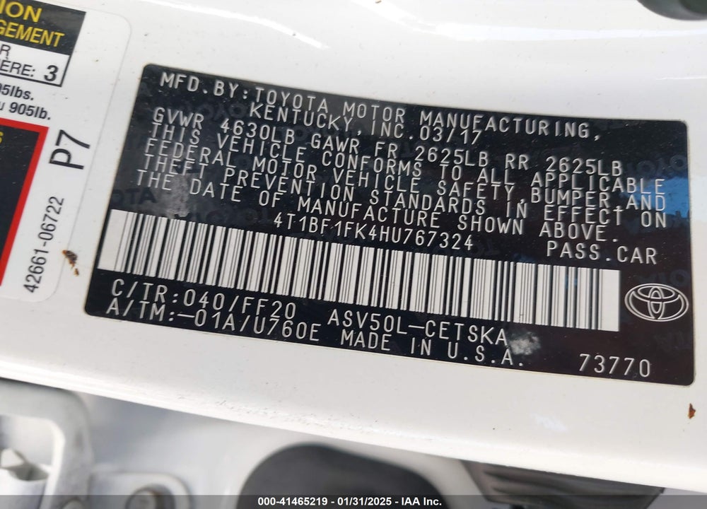 2017 TOYOTA CAMRY VIN: 4T1BF1FK4HU767324
