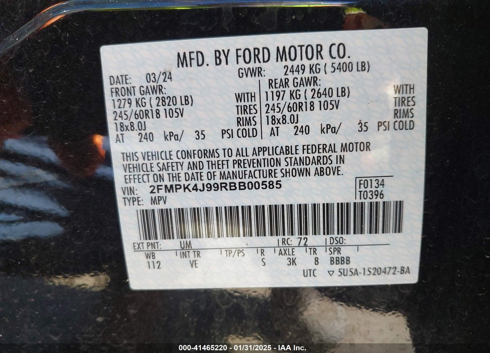2024 FORD EDGE SEL VIN: 2FMPK4J99RBB00585