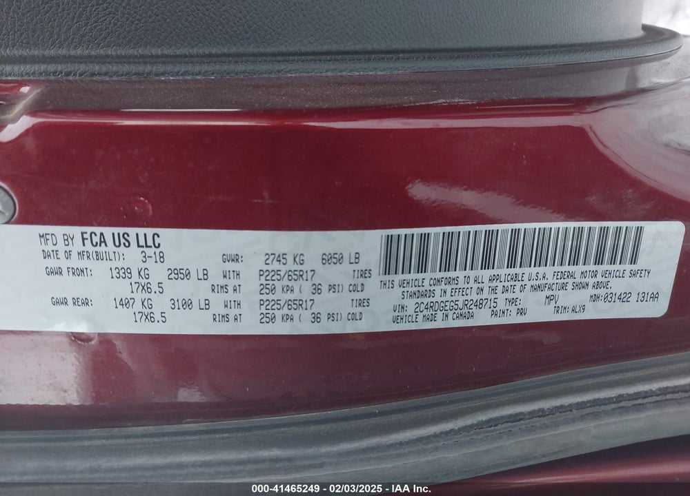 2018 DODGE GRAND CARAVAN VIN: 2C4RDGEG5JR248715