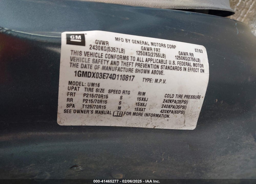 2004 PONTIAC MONTANA M16 W/1SA PKG. VIN: 1GMDX03E74D110817