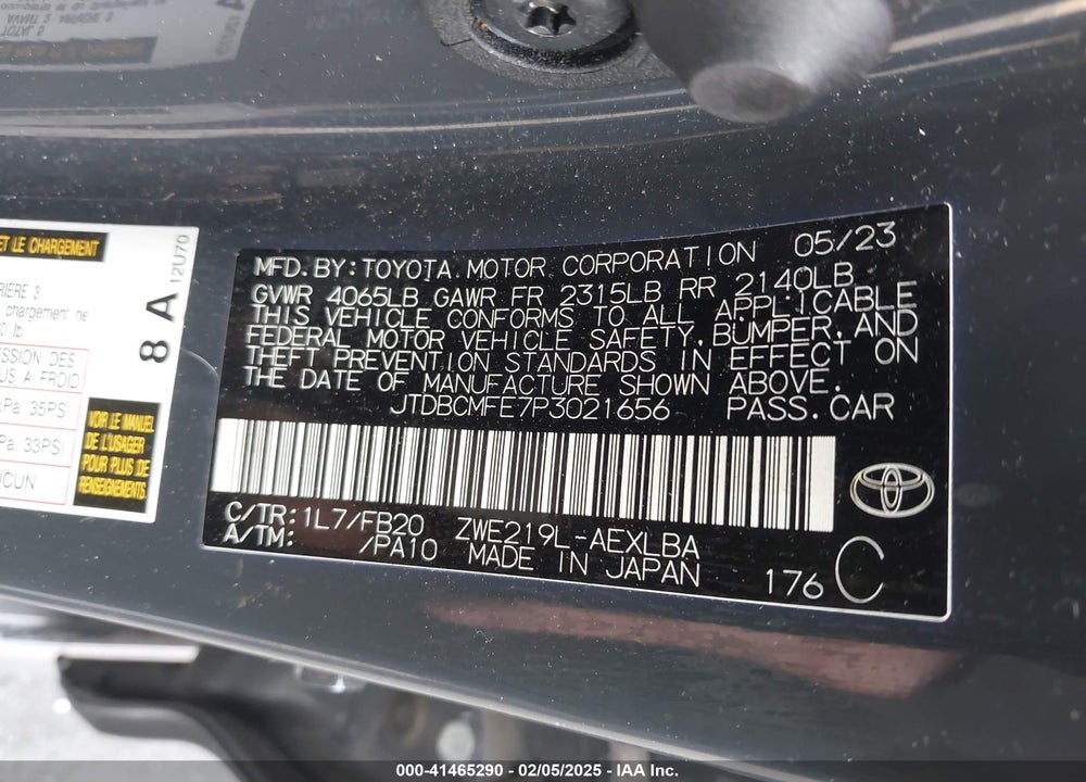 2023 TOYOTA COROLLA HYBRID LE VIN: JTDBCMFE7P3021656