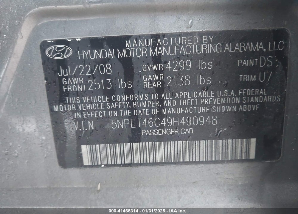 2009 HYUNDAI SONATA GLS VIN: 5NPET46C49H490948