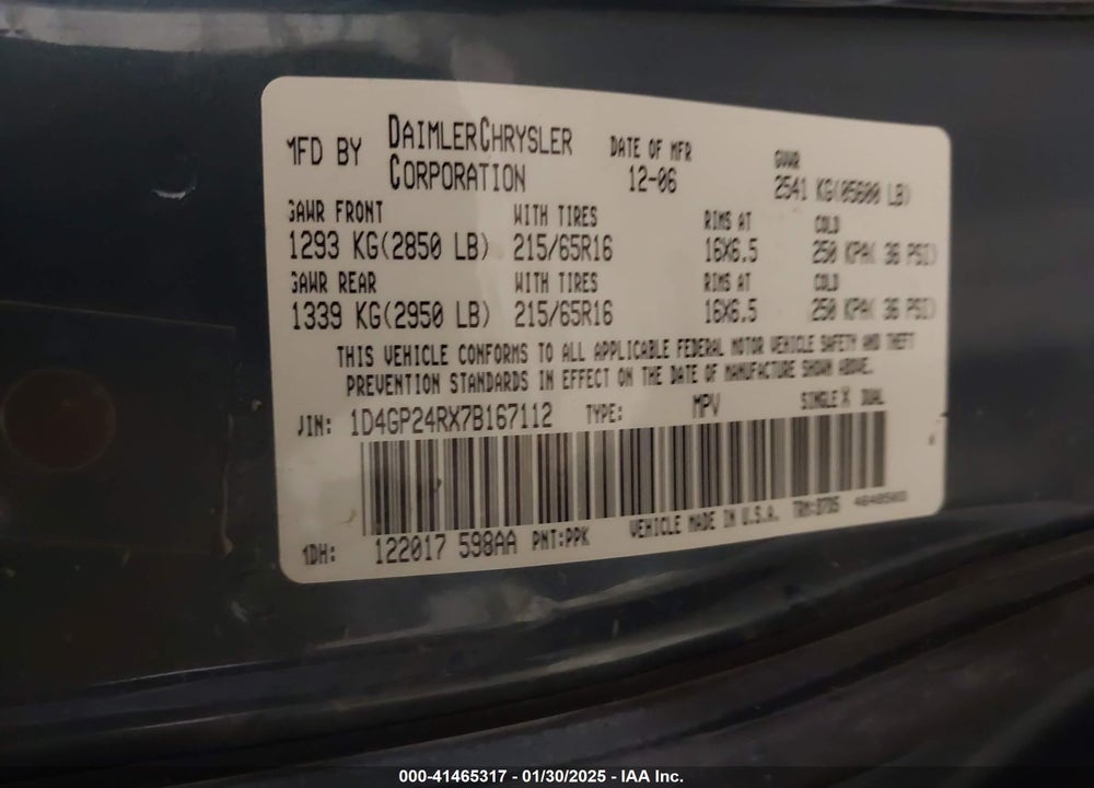 2007 DODGE GRAND CARAVAN SE VIN: 1D4GP24RX7B167112