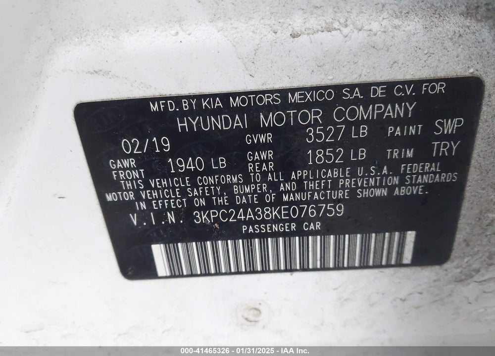 2019 HYUNDAI ACCENT VIN: 3KPC24A38KE076759