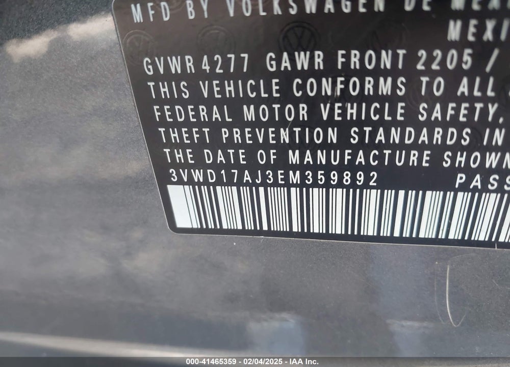 2014 VOLKSWAGEN JETTA VIN: 3VWD17AJ3EM359892
