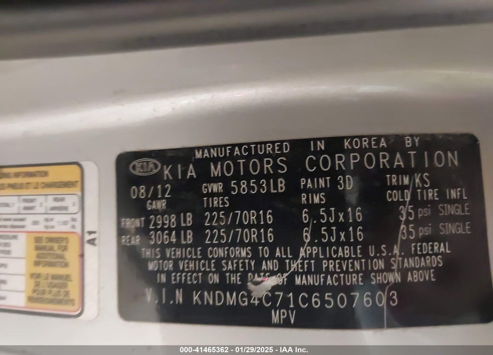 2012 KIA SEDONA LX VIN: KNDMG4C71C6507603