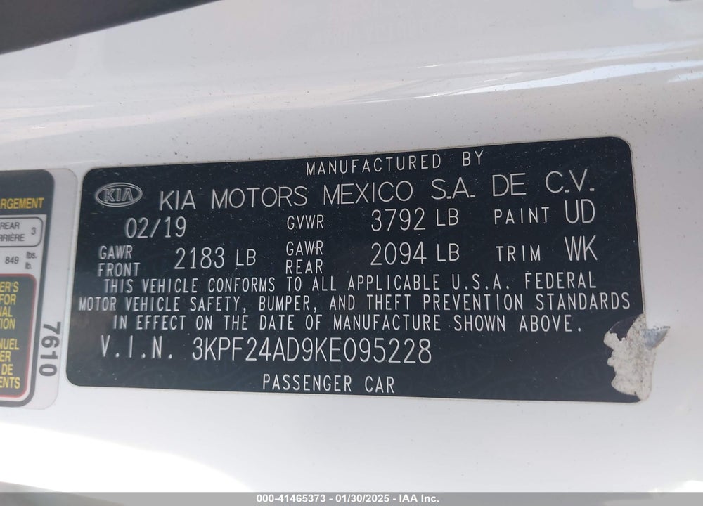 2019 KIA FORTE VIN: 3KPF24AD9KE095228