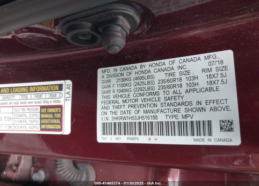 2018 HONDA CR-V EX VIN: 2HKRW1H53JH516188