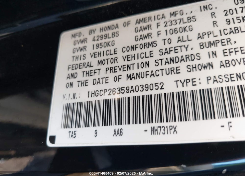 2009 HONDA ACCORD VIN: 1HGCP26359A039052