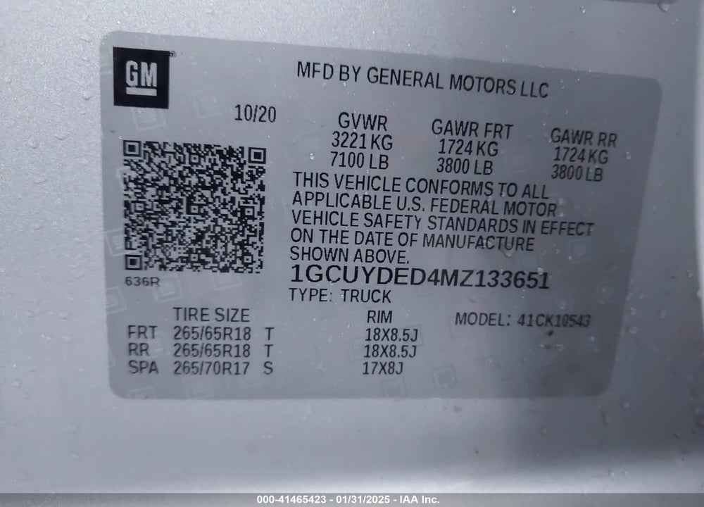 2021 CHEVROLET SILVERADO 1500 VIN: 1GCUYDED4MZ133651