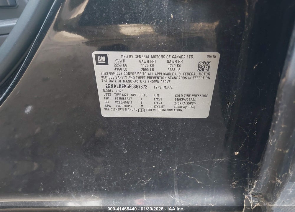 2015 CHEVROLET EQUINOX 1LT VIN: 2GNALBEK5F6367372