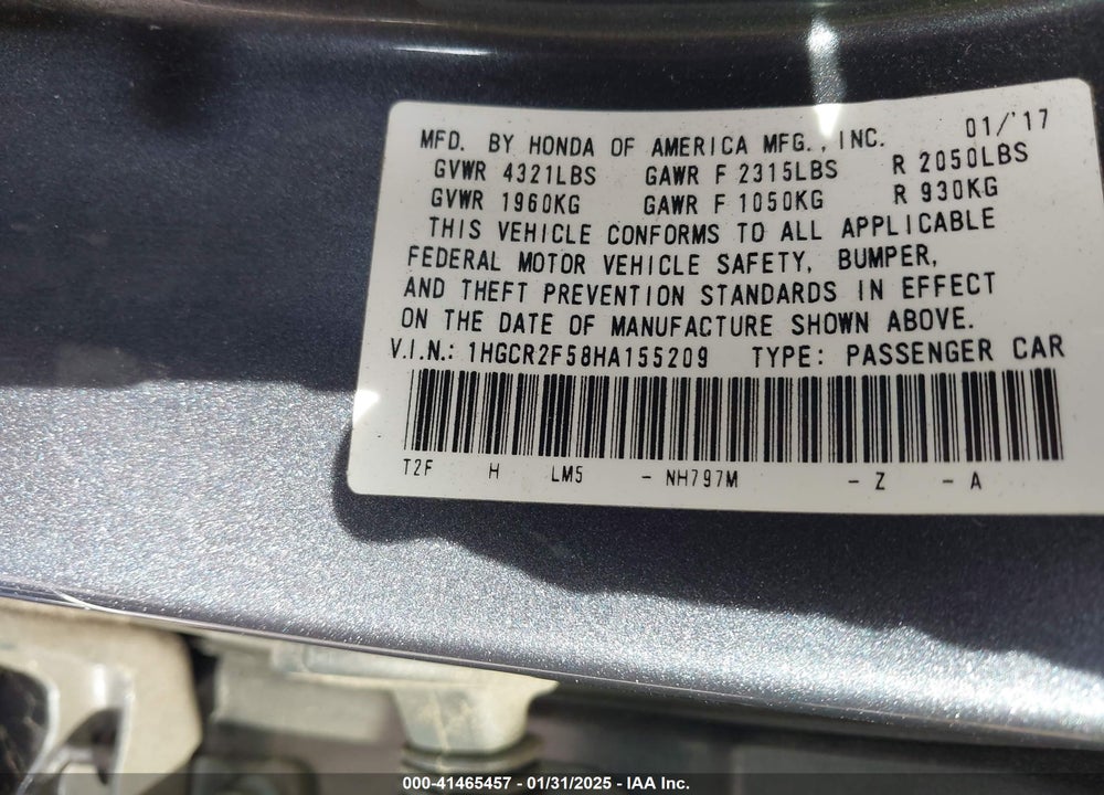 2017 HONDA ACCORD SEDAN VIN: 1HGCR2F58HA155209