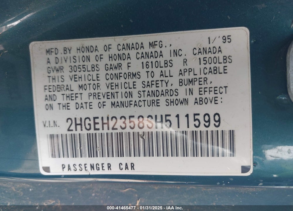 1995 HONDA CIVIC CX VIN: 2HGEH2358SH511599