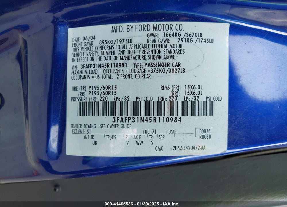 2005 FORD FOCUS ZX3 VIN: 3FAFP31N45R110984
