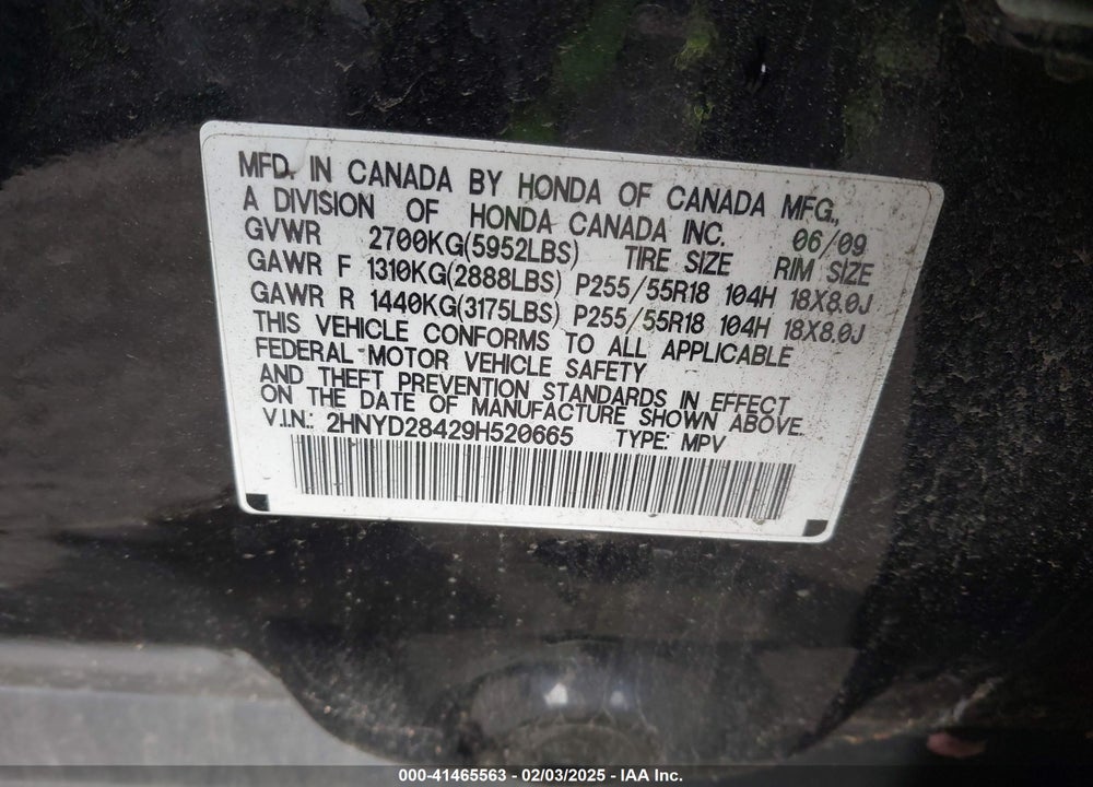 2009 ACURA MDX VIN: 2HNYD28429H520665