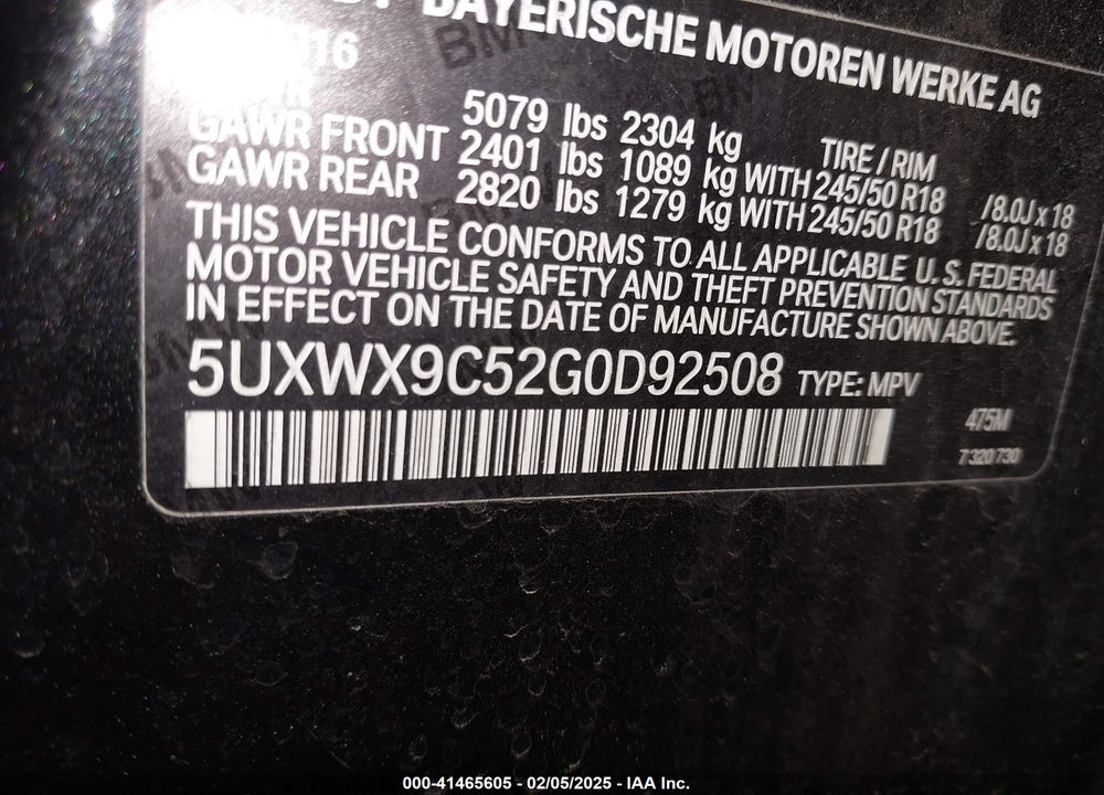 2016 BMW X3 XDRIVE28I VIN: 5UXWX9C52G0D92508