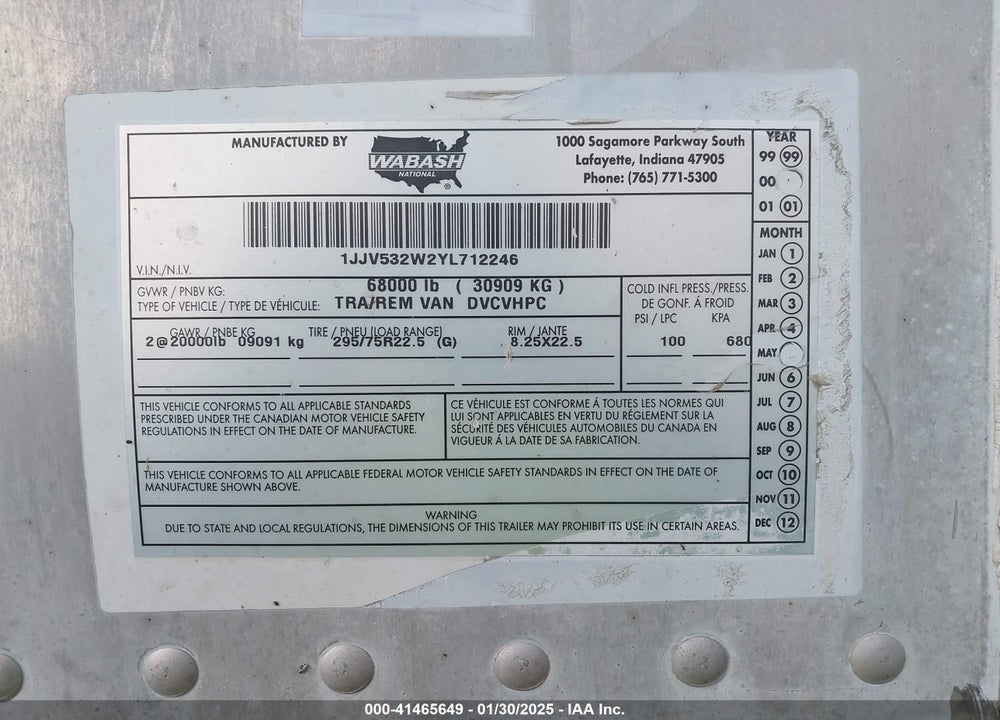 2000 WABASH NATIONAL CORP --- VIN: 1JJV532W2YL712246