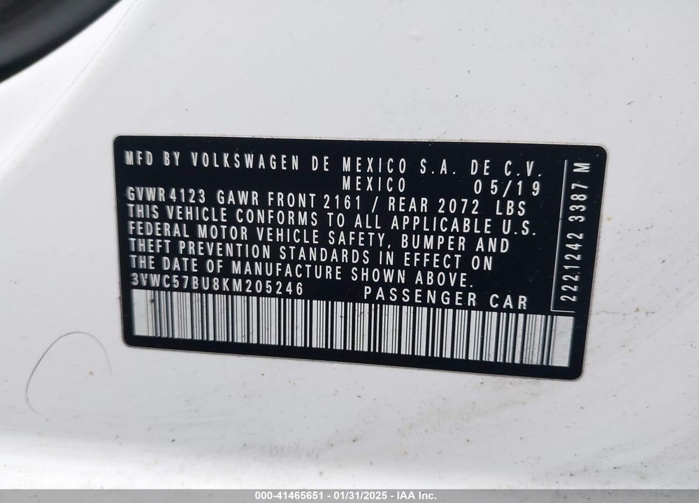 2019 VOLKSWAGEN JETTA VIN: 3VWC57BU8KM205246