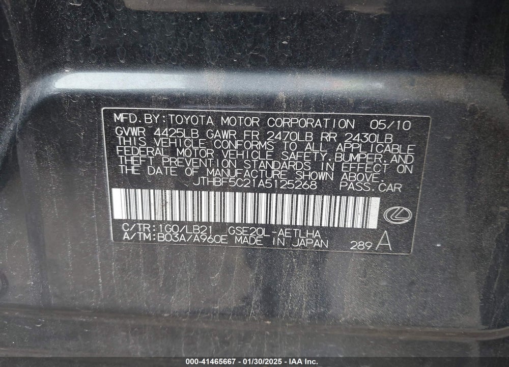 2010 LEXUS IS 250 VIN: JTHBF5C21A5125268
