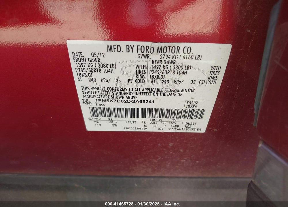 2013 FORD EXPLORER XLT VIN: 1FM5K7D82DGA65241