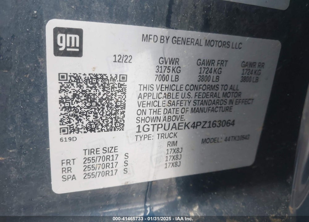 2023 GMC SIERRA 1500 VIN: 1GTPUAEK4PZ163064