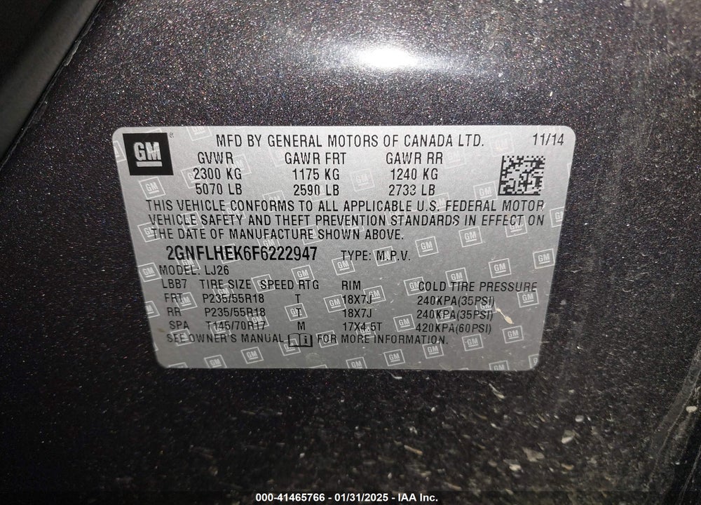 2015 CHEVROLET EQUINOX VIN: 2GNFLHEK6F6222947
