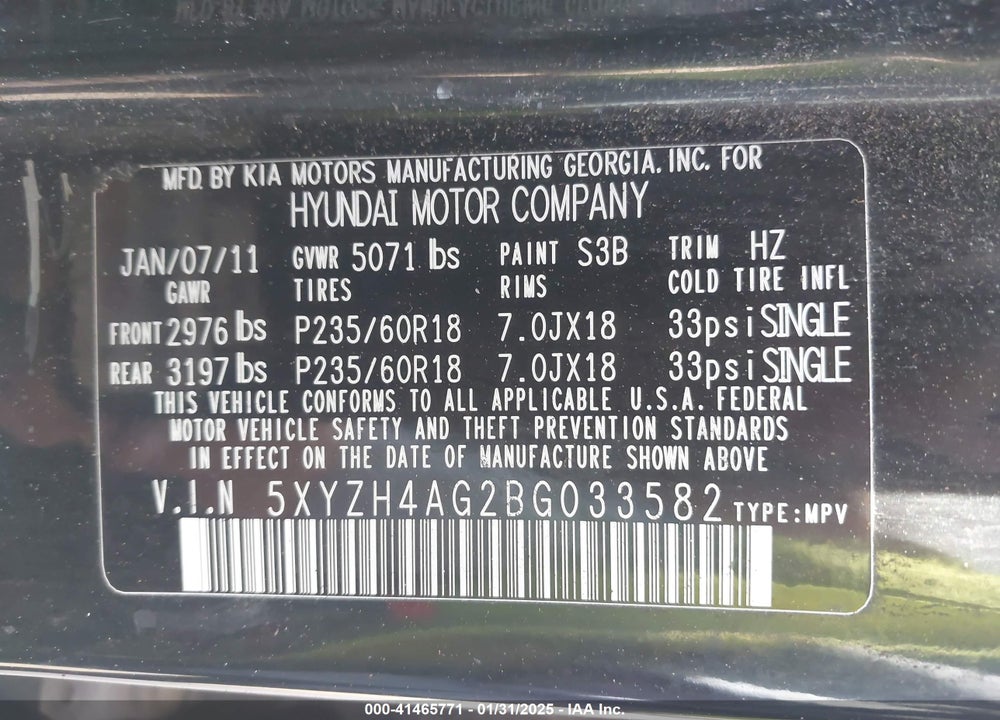 2011 HYUNDAI SANTA FE VIN: 5XYZH4AG2BG033582