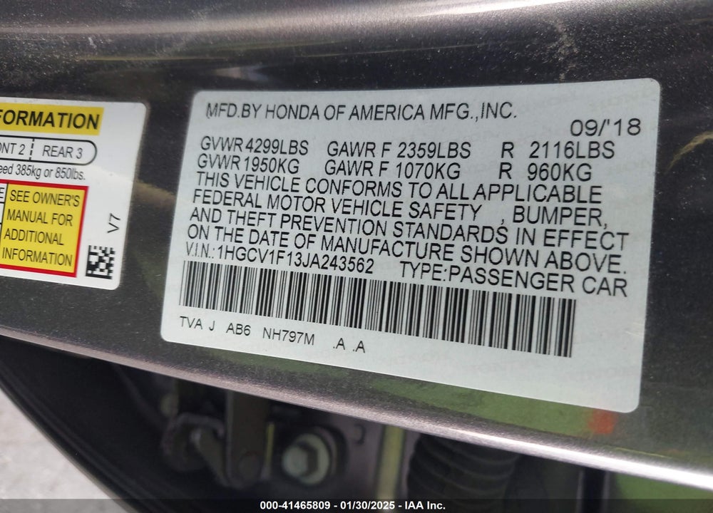 2018 HONDA ACCORD LX VIN: 1HGCV1F13JA243562