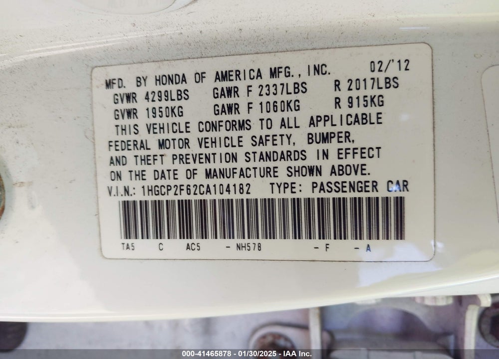 2012 HONDA ACCORD 2.4 SE VIN: 1HGCP2F62CA104182