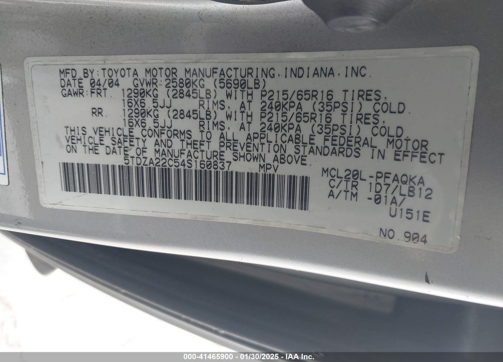 2004 TOYOTA SIENNA XLE VIN: 5TDZA22C54S160837