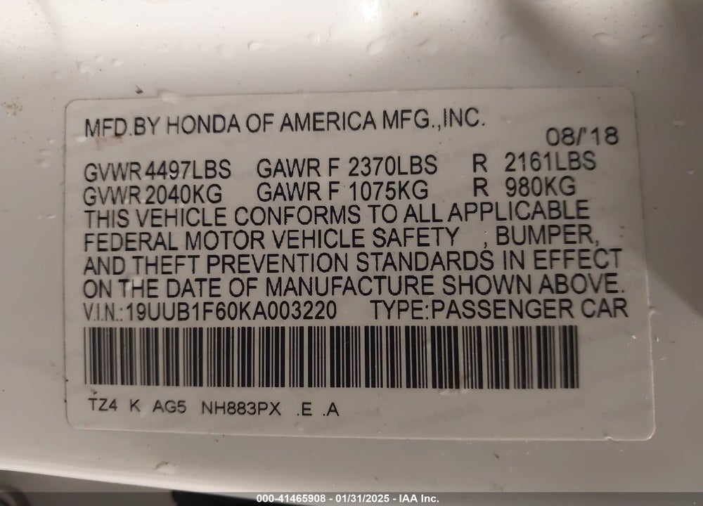 2019 ACURA TLX VIN: 19UUB1F60KA003220