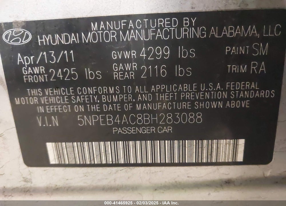 2011 HYUNDAI SONATA VIN: 5NPEB4AC8BH283088