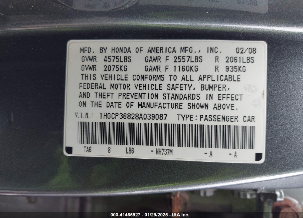 2008 HONDA ACCORD VIN: 1HGCP36828A039087