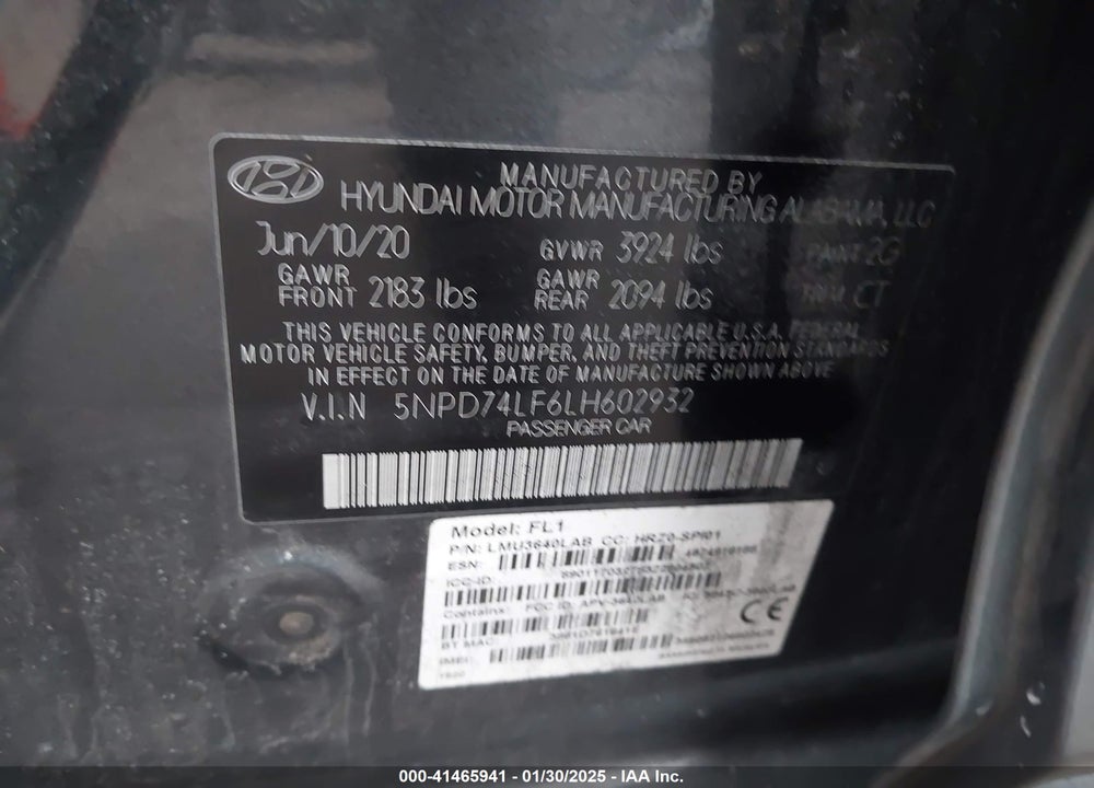 2020 HYUNDAI ELANTRA VIN: 5NPD74LF6LH602932