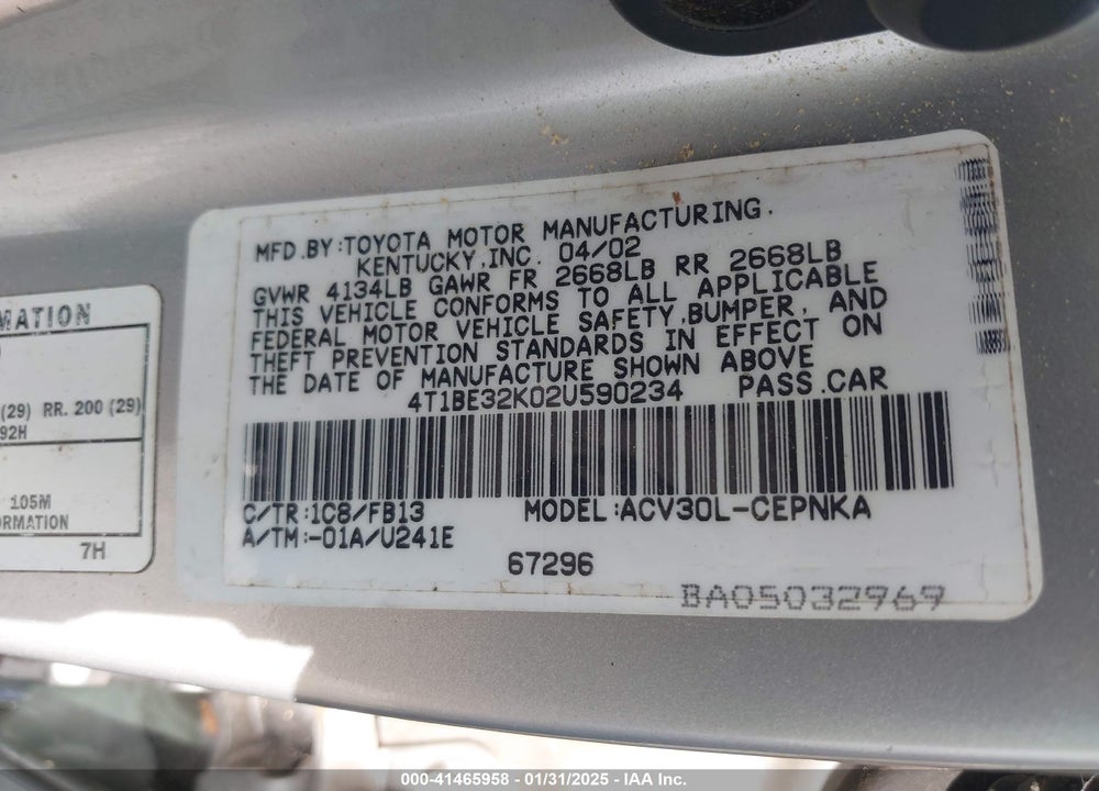 2002 TOYOTA CAMRY LE VIN: 4T1BE32K02U590234