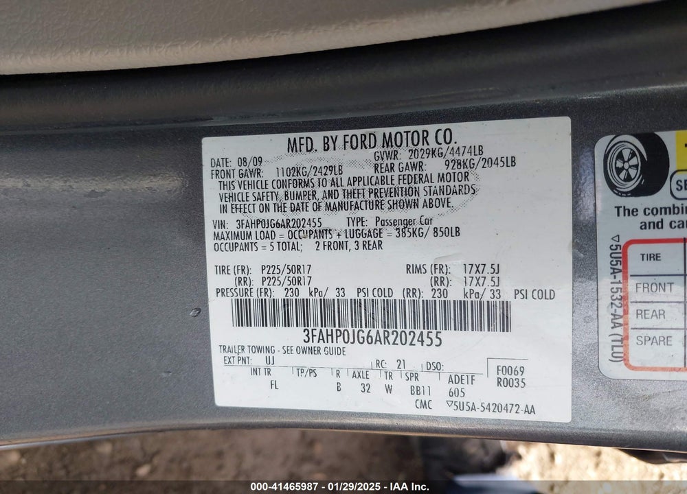 2010 FORD FUSION VIN: 3FAHP0JG6AR202455