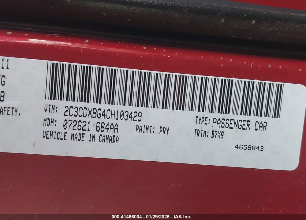 2012 DODGE CHARGER VIN: 2C3CDXBG4CH103429