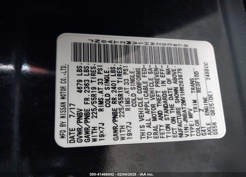 2017 NISSAN ROGUE VIN: JN8AT2MV1HW283678