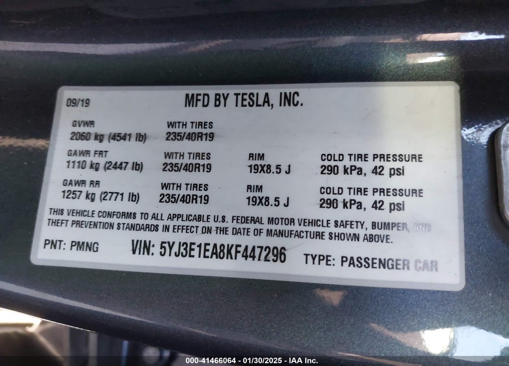 2019 TESLA MODEL 3 VIN: 5YJ3E1EA8KF447296