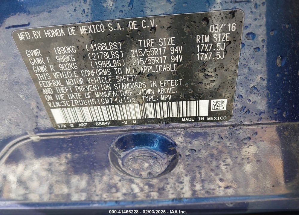 2016 HONDA HR-V EX VIN: 3CZRU6H51GM740155