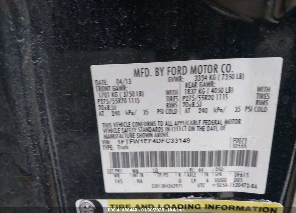 2013 FORD F-150 VIN: 1FTFW1EF4DFC33149