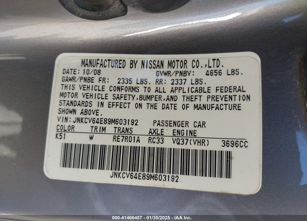 2009 INFINITI G37 JOURNEY VIN: JNKCV64E89M603192