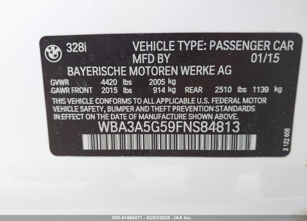 2015 BMW 328I VIN: WBA3A5G59FNS84813