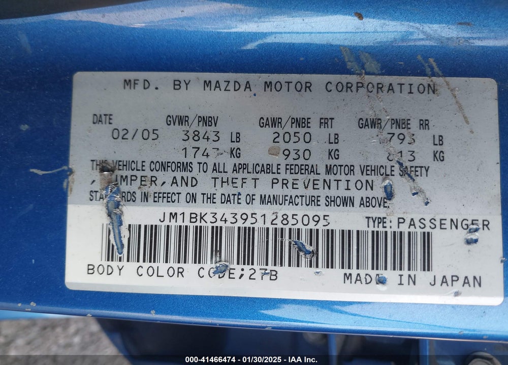 2005 MAZDA 3 S VIN: JM1BK343951285095