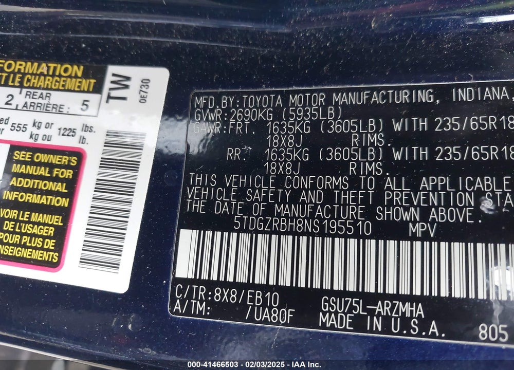 2022 TOYOTA HIGHLANDER XLE VIN: 5TDGZRBH8NS195510
