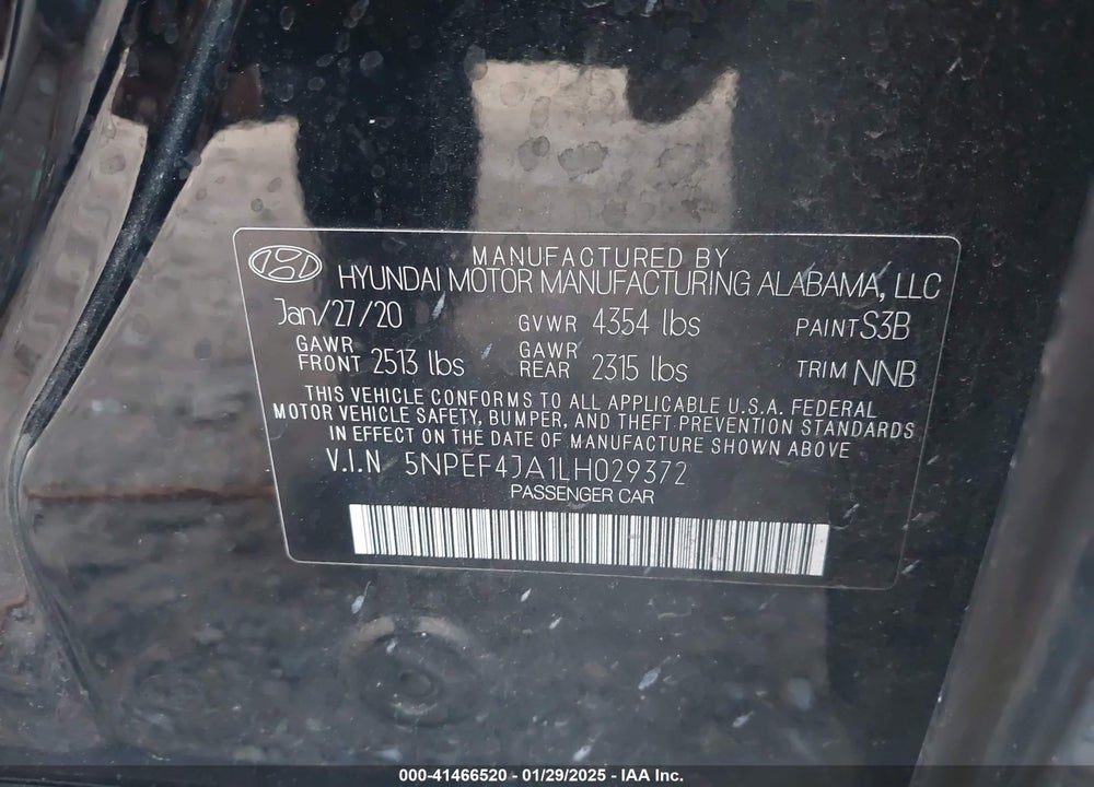 2020 HYUNDAI SONATA VIN: 5NPEF4JA1LH029372
