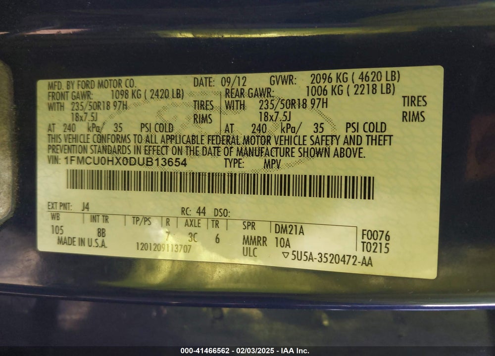 2013 FORD ESCAPE SEL VIN: 1FMCU0HX0DUB13654